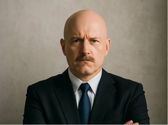 Bald man in a suit, exuding confidence and professionalism, made possible by a Roundry.