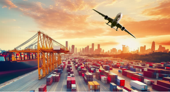 Busy Shipping Port with Airplane in Flight, Relating to Roundry Travel Guide – How to Navigate Air Travel with Your Shaver